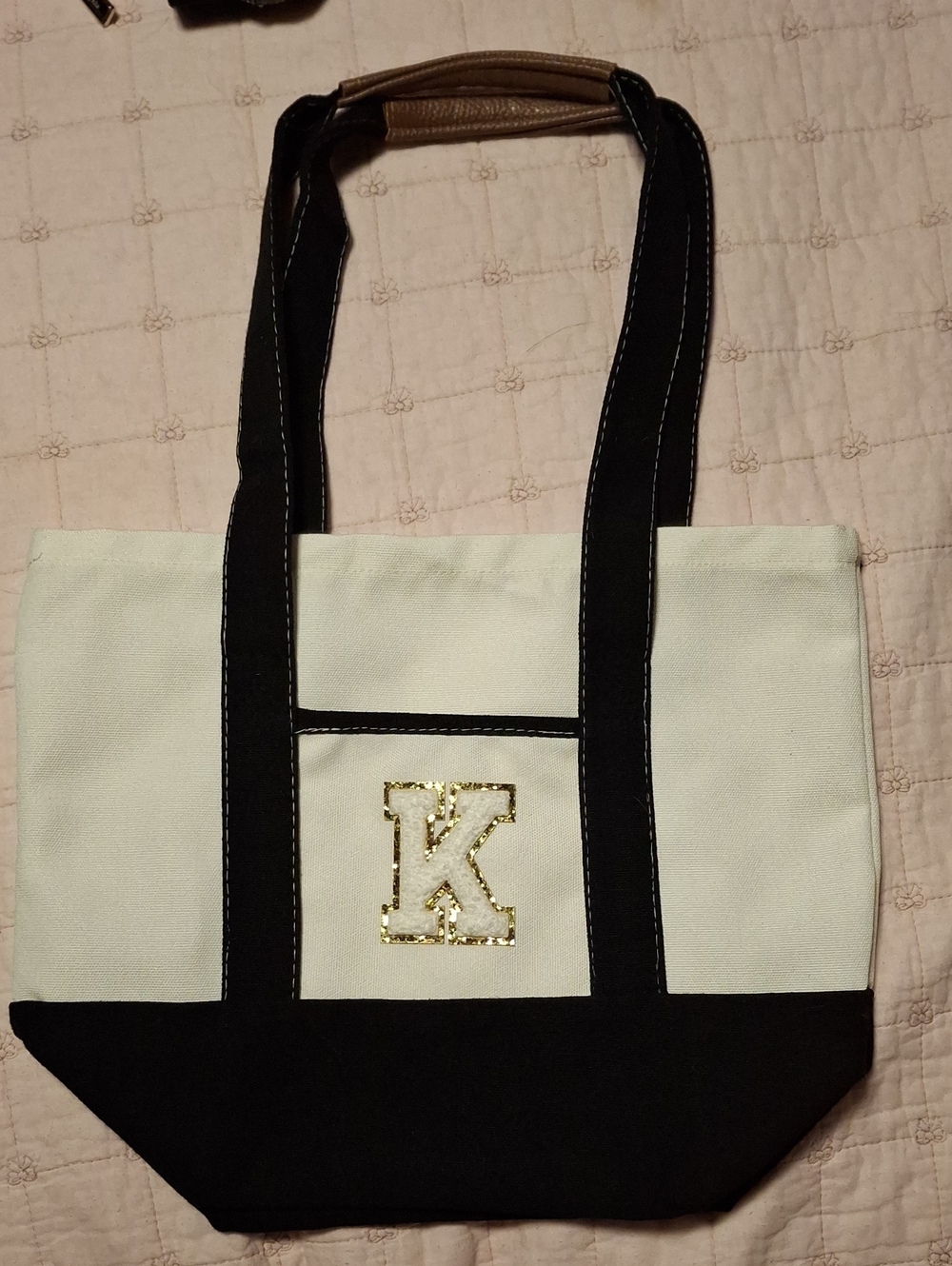 Canvas Tote Bag with Gold 'K' Accent - Black & Cream